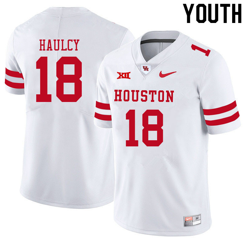Youth #18 Adari Haulcy Houston Cougars College Big 12 Conference Football Jerseys Sale-White - Click Image to Close